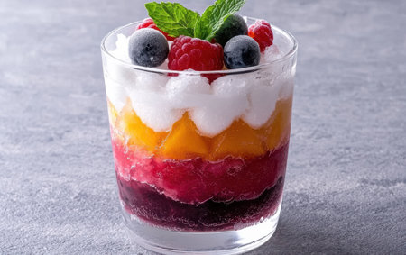 Colorful layered fruit dessert with berries and mintの素材