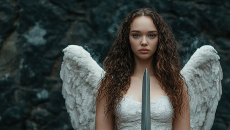 Mysterious angel with sword in dark forestの素材