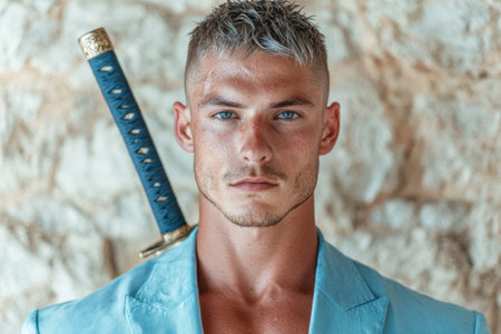 Handsome man with intense blue eyes holding a swordの素材
