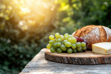 fresh bread, grapes, and cheese on wooden boardの素材