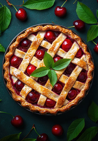 Freshly baked cherry pie with lattice crustの素材
