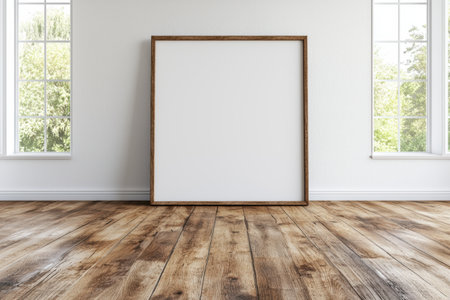 empty room with wooden floor and large white frameの素材