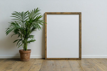 Minimalist home decor with wooden frame and potted plantの素材