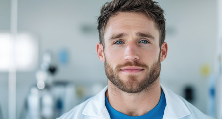 Thoughtful medical professional with blue eyes and beardの素材