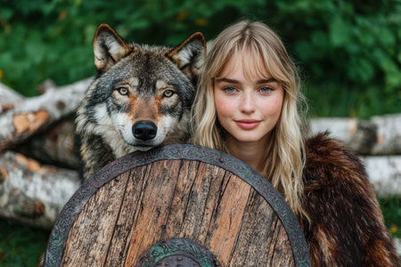 woman with wolf in forestの素材