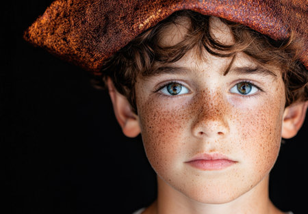 Captivating portrait of a young boy with striking blue eyes and frecklesの素材