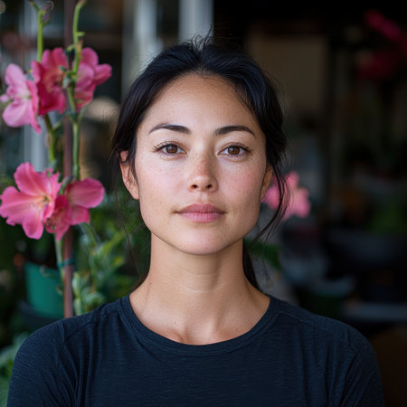 portrait of a young asian woman with flowersの素材