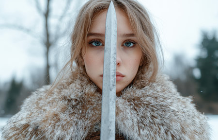 woman in fur coat holding sword in winter landscapeの素材