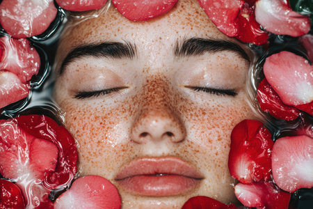 Relaxing facial treatment with red rose petalsの素材