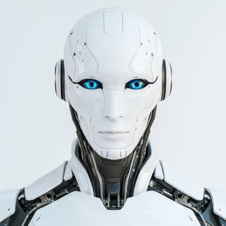 futuristic robot with glowing blue eyesの素材