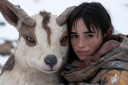 young girl embracing a deer in the snowの素材