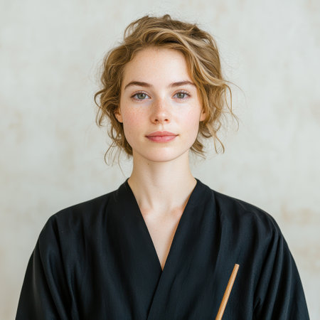 Elegant woman with curly hair in black robeの素材