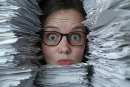 Overwhelmed woman buried in paperworkの素材