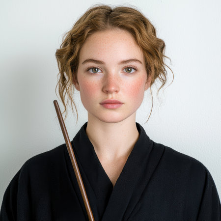 serious young woman in black coatの素材