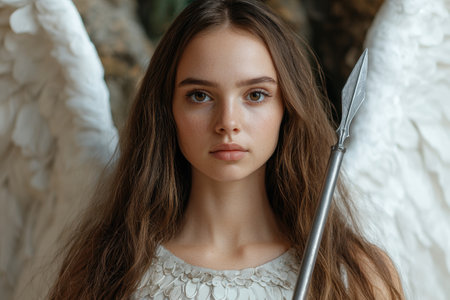 Serious young woman with long hair holding spearの素材