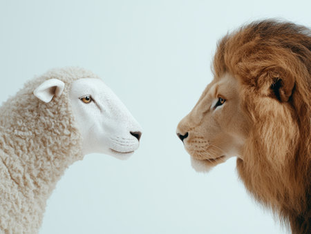 Majestic lion and peaceful lamb face to faceの素材