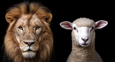 Powerful lion and innocent lambの素材