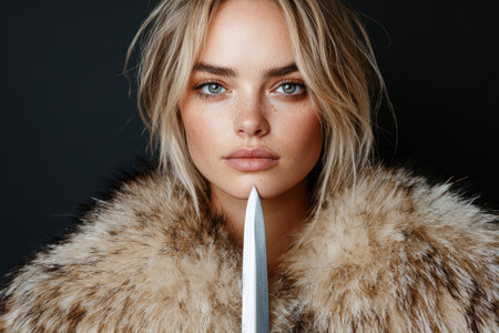 Fierce woman in fur coat holding knifeの素材