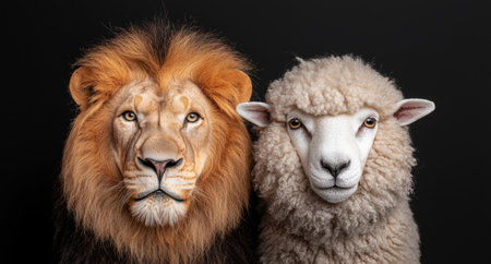 Powerful lion and fluffy sheep side by sideの素材
