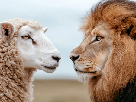 close-up of a sheep and a lion facing each otherの素材