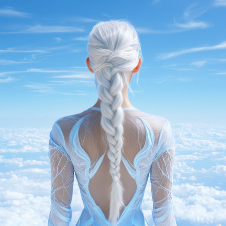 woman with long braided hair in the cloudsの素材