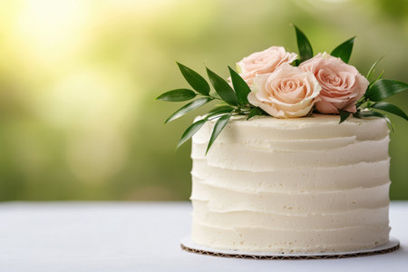 Elegant white wedding cake with pink rosesの素材