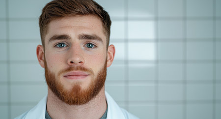 Serious young man with beard and blue eyesの素材