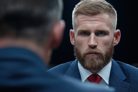 Serious businessman with beard looking at cameraの素材