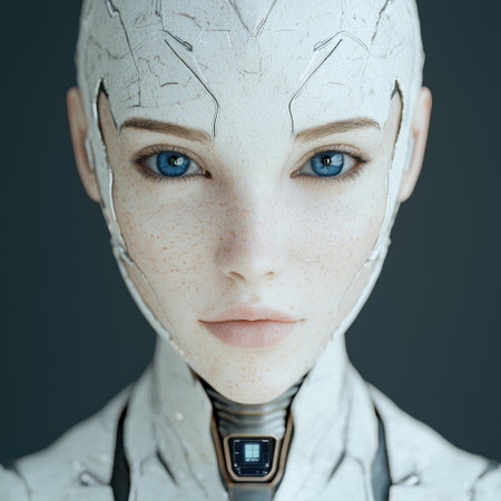 futuristic android with blue eyes and cracked skinの素材