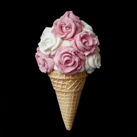 Delicate pink rose ice cream in a waffle coneの素材
