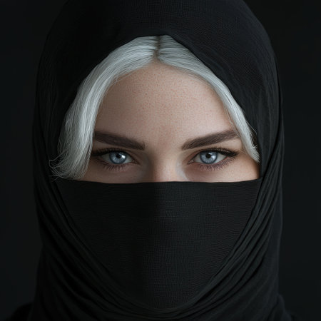 Mysterious woman with piercing blue eyesの素材