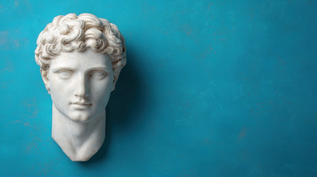 Marble statue head with curly hair against turquoise backgroundの素材