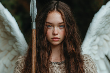 Mysterious young woman with dark hair and serious expressionの素材