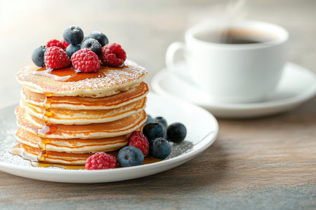 delicious pancake stack with fresh berries and coffeeの素材
