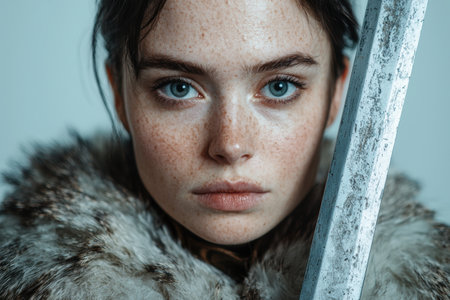 Pensive young woman with freckles and blue eyesの素材