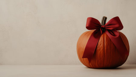 Autumn pumpkin with red ribbon bowの素材