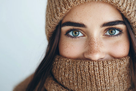 Closeup of a woman's face with striking green eyesの素材