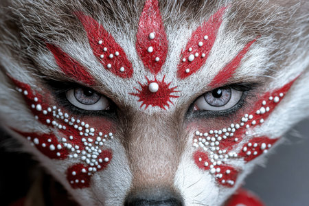 Closeup of a wild animal with vibrant red and white markingsの素材