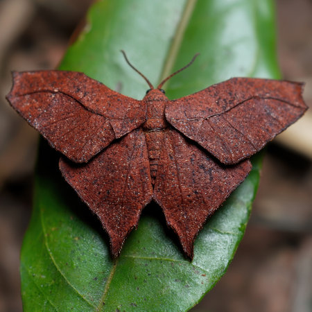 Close-up of a beautiful red moth on a green leafの素材