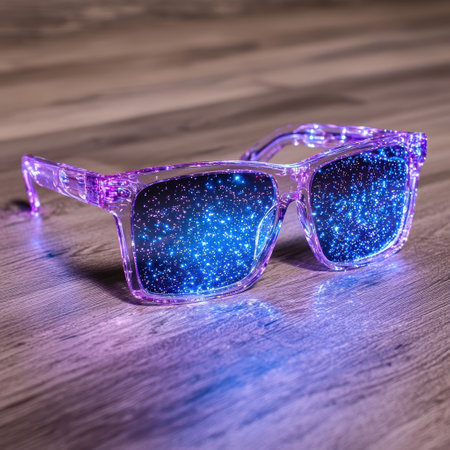 Sparkling glitter sunglasses on wooden tableの素材