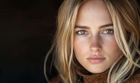 Closeup portrait of a thoughtful young woman with blonde hair and frecklesの素材