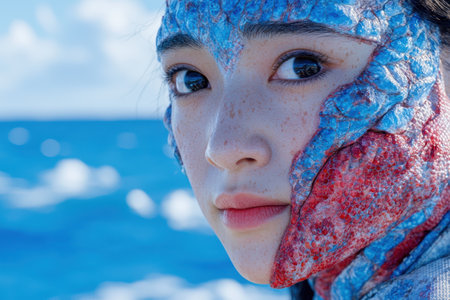 close-up portrait of a woman in a colorful scarfの素材