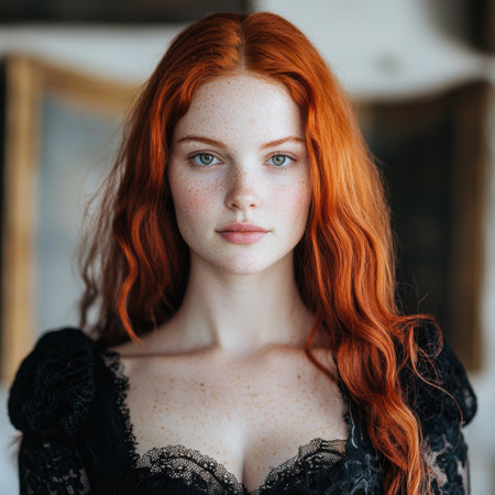 Captivating redhead with piercing green eyesの素材