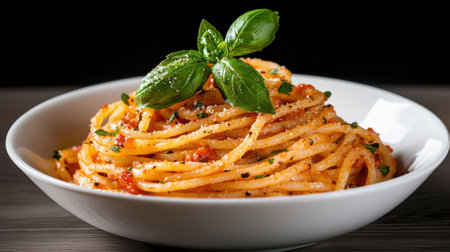 Delicious homemade pasta with tomato sauce and fresh basilの素材