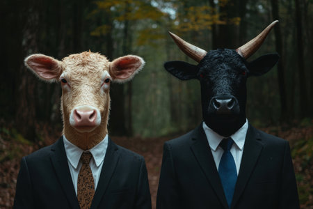 two business executives with animal heads in forestの素材