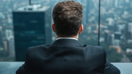businessman looking out of windowの素材