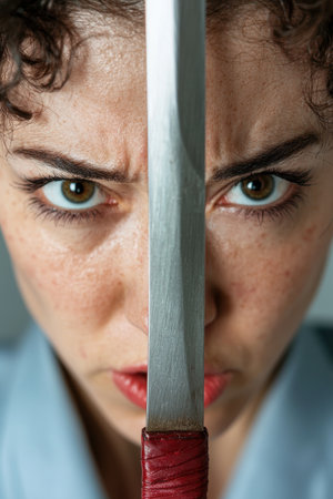 Intense gaze of a person with a swordの素材