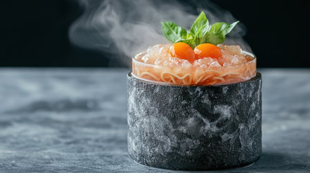 Delicious sushi dish with steaming garnishの素材