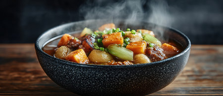 Hearty vegetable stew in a black bowlの素材