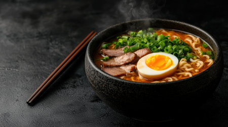 Delicious ramen noodle soup with tender meat, soft boiled egg, and fresh green onionsの素材